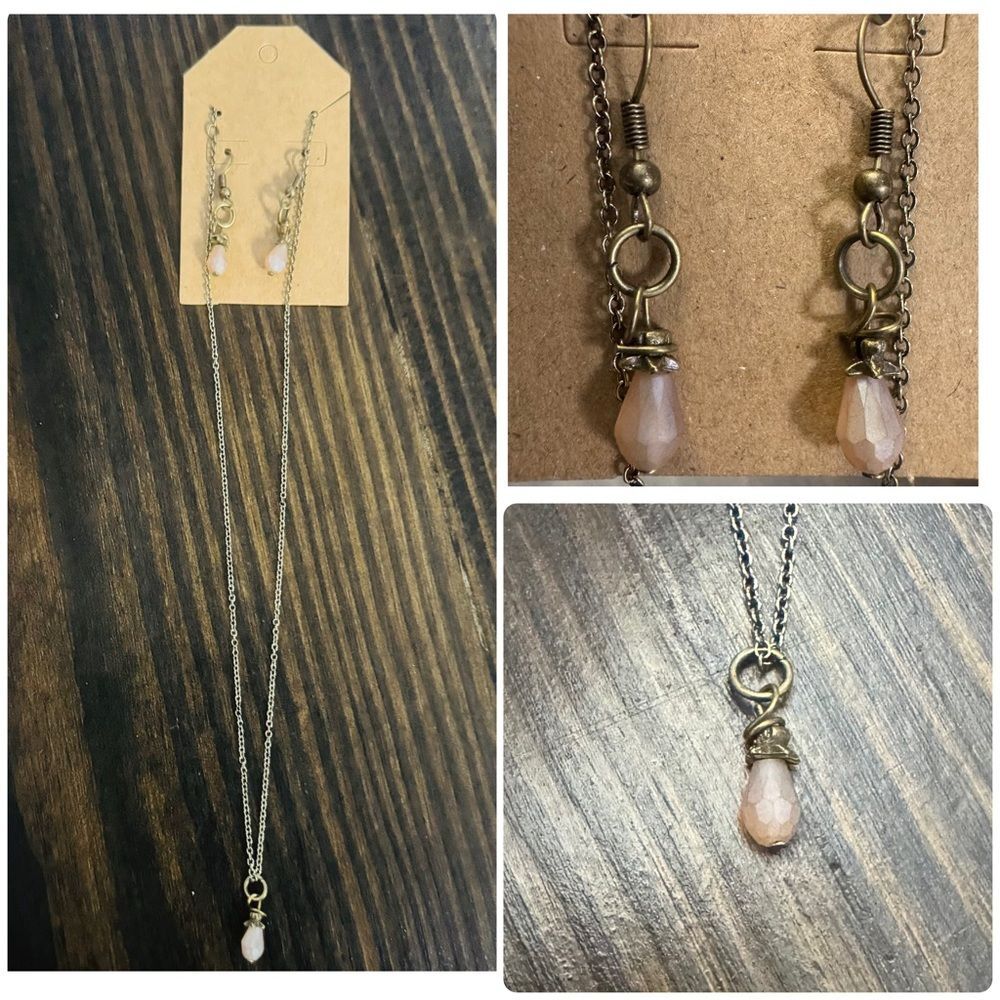 Handmade antique gold with mocha pedant necklace and earring jewelry set NEW